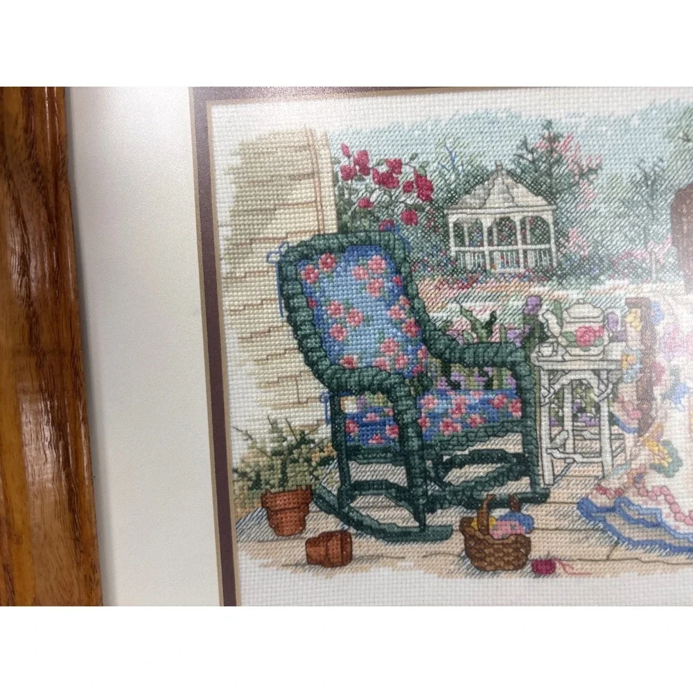 Vintage Framed Cross Stitch B. Carr 2000 Garden Scene 17x14 Cottagecore Wall Art